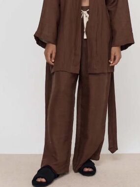 DEIJI STUDIOS Wide Leg Pull On Pant From The 01 Set in Tobacco Flowy Linen M/L